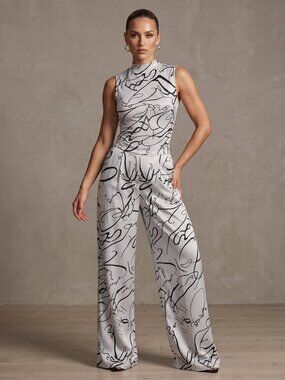 NWOT White & Black Abstract 2-Piece Set | Mock Neck Bodysuit | Wide Leg | Large